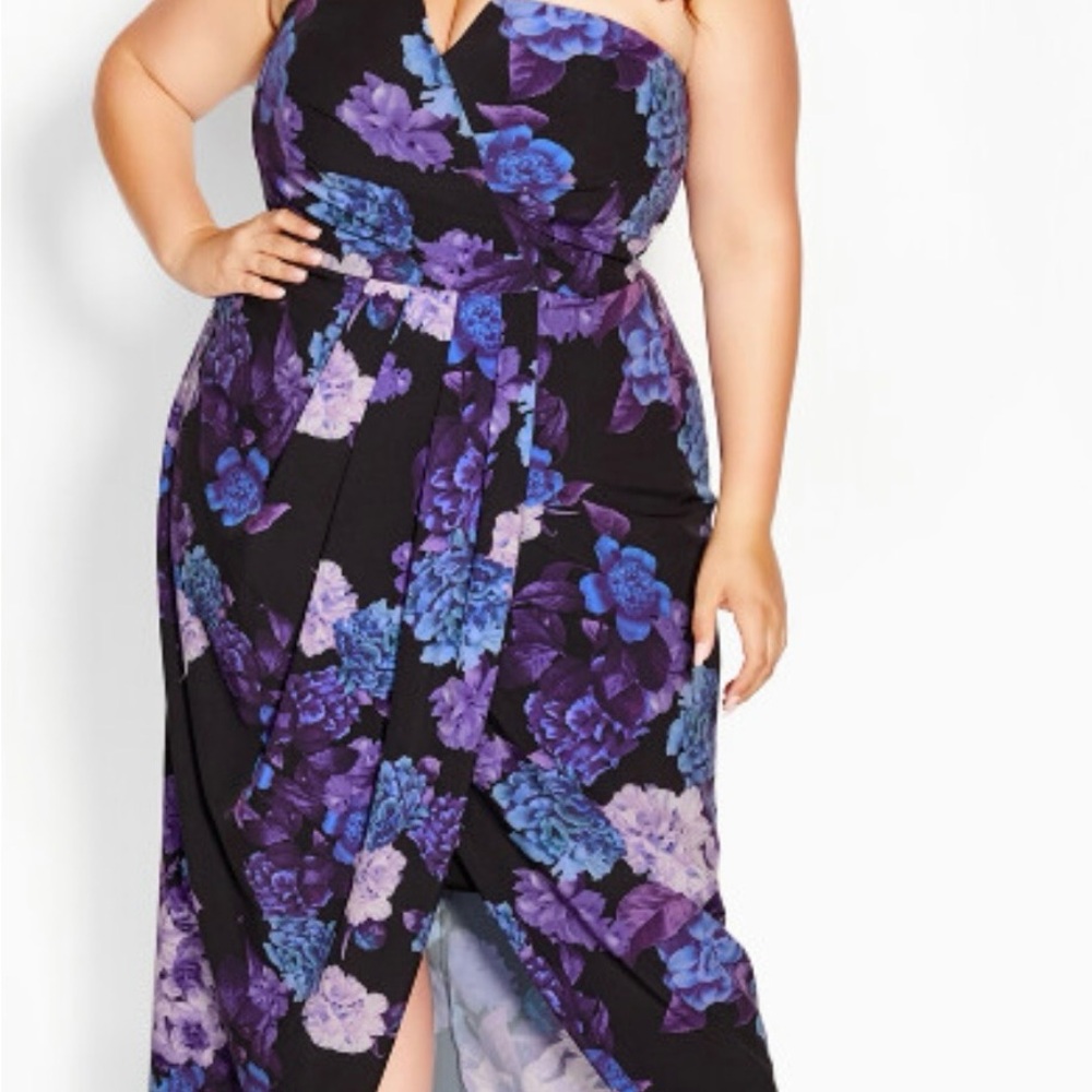 Plus Size Black Floral Wrap Maxi Dress in Purple and Blue
